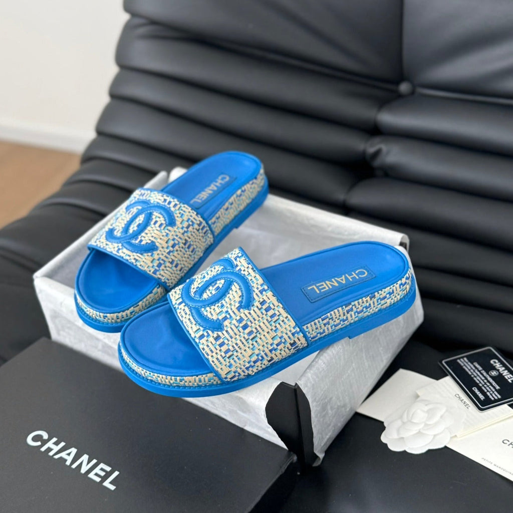 Chanel Slippers Sheepskin Cobalt Blue