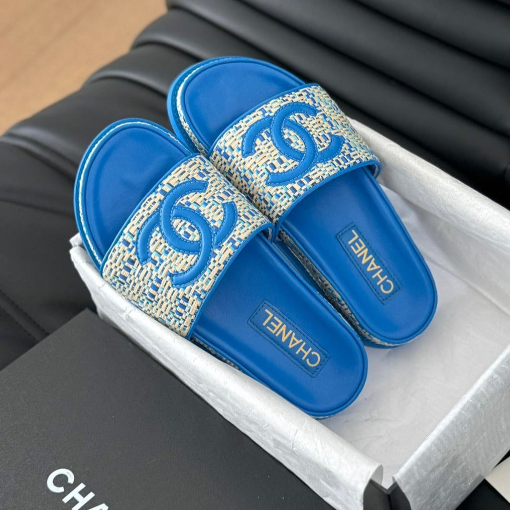 Chanel Slippers Sheepskin Cobalt Blue