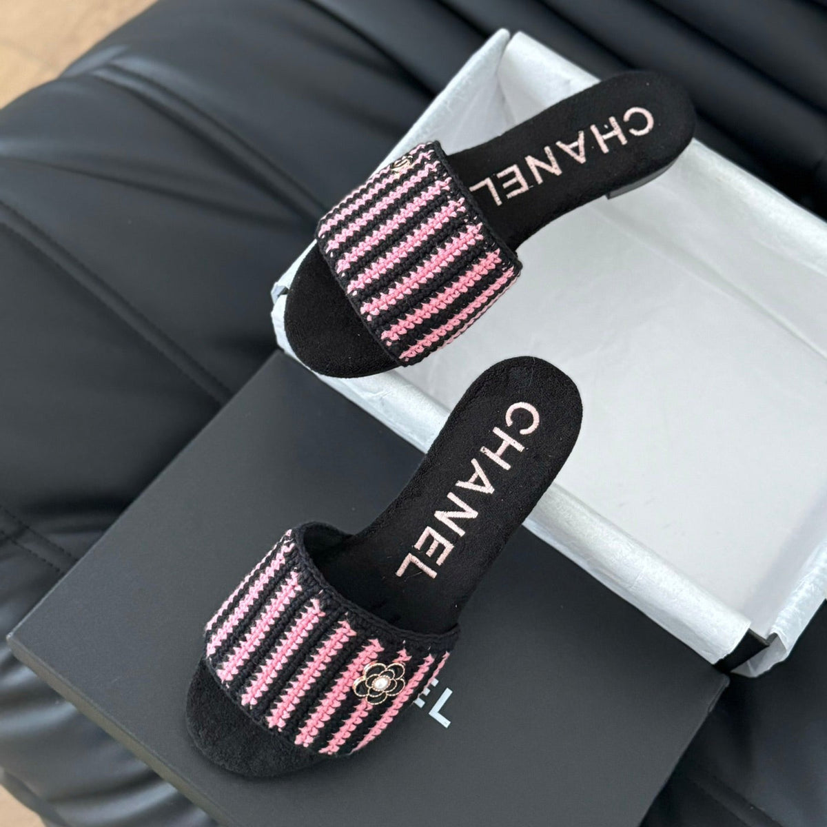 Chanel Sheepskins Knit Slippers Black Pink