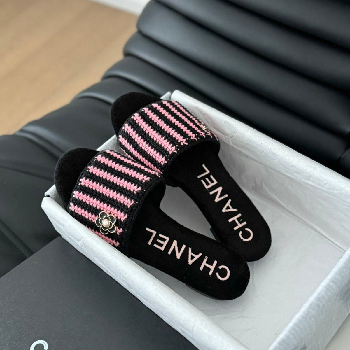 Chanel Sheepskins Knit Slippers Black Pink