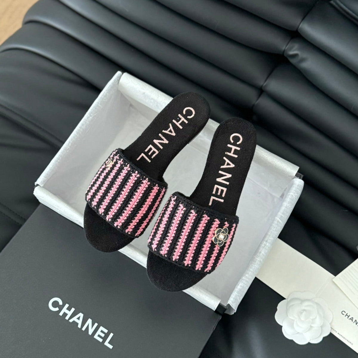 Chanel Sheepskins Knit Slippers Black Pink