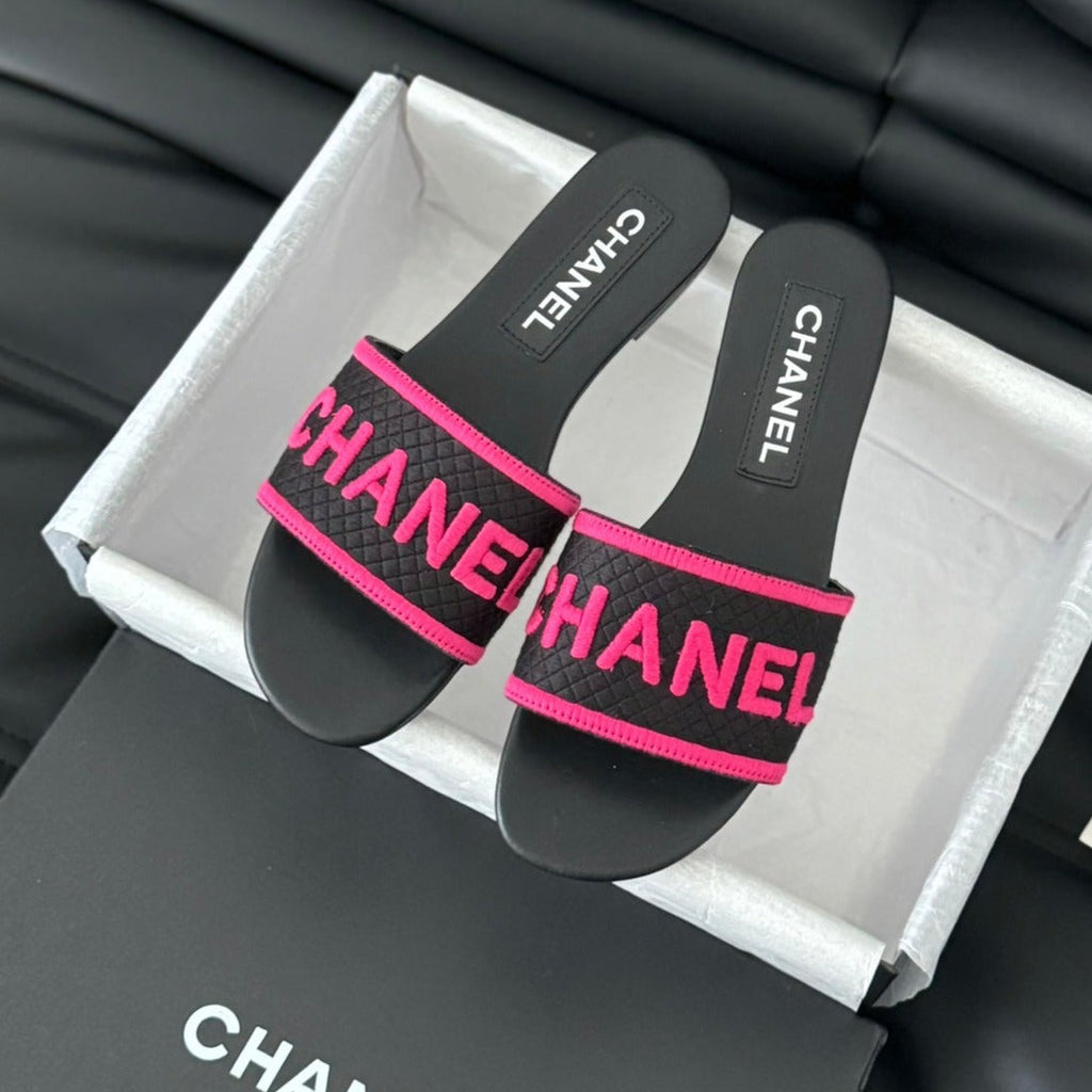 Chanel Woven Embroidered Letter Slippers Black Pink