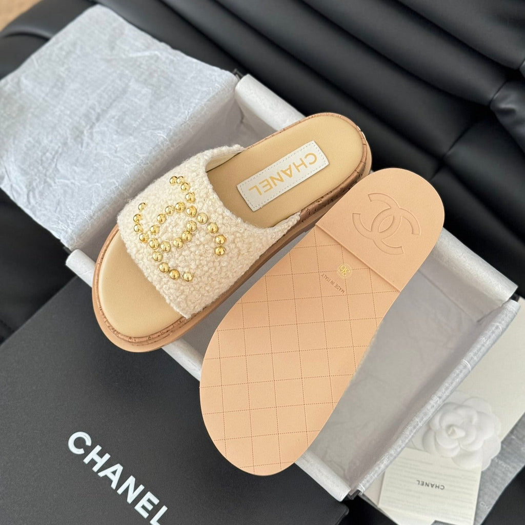Chanel Slippers Platform Lambskin Beige Cream