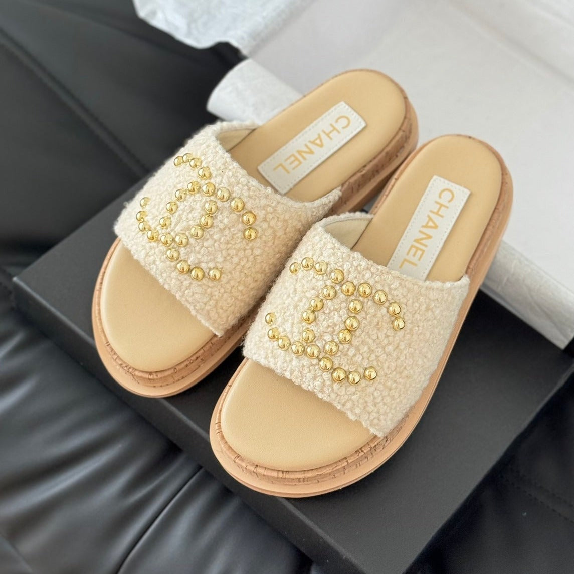 Chanel Slippers Platform Lambskin Beige Cream