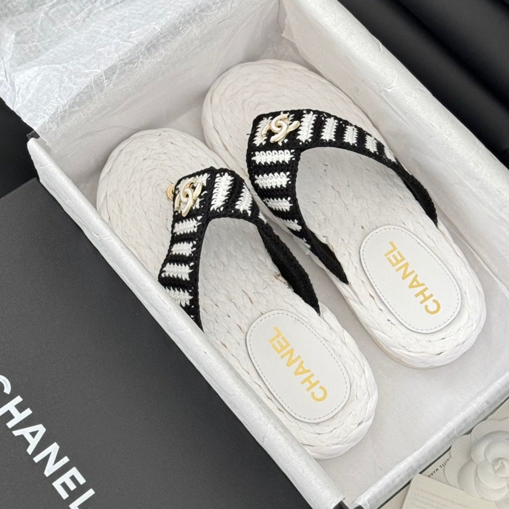 Chanel Hottest Knit Flip-Flops White Black