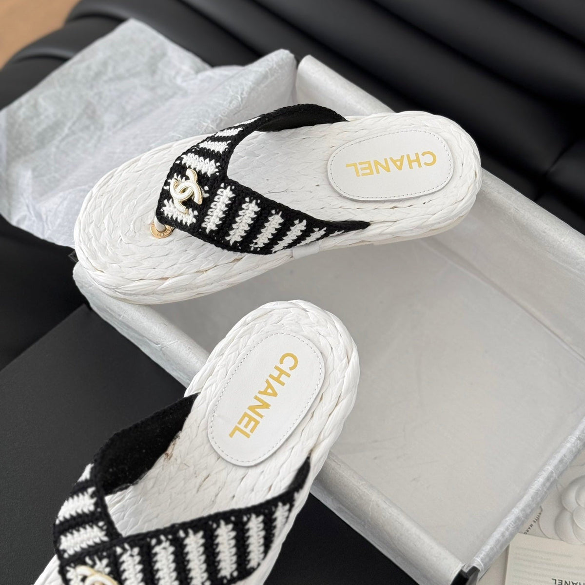 Chanel Hottest Knit Flip-Flops White Black