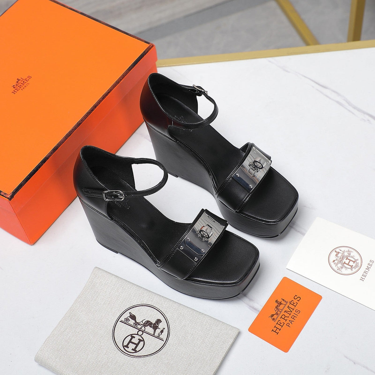 Hermes Wedges Sandals Black Lambskin