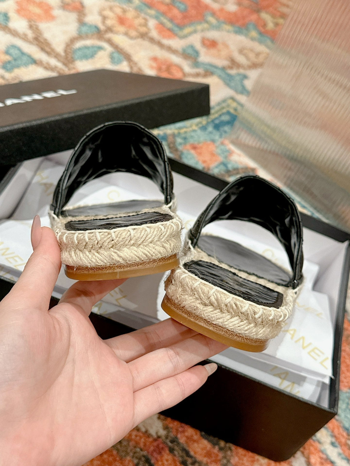 Chanel Flat Slippers in Black Lambskin and Woven with Logo