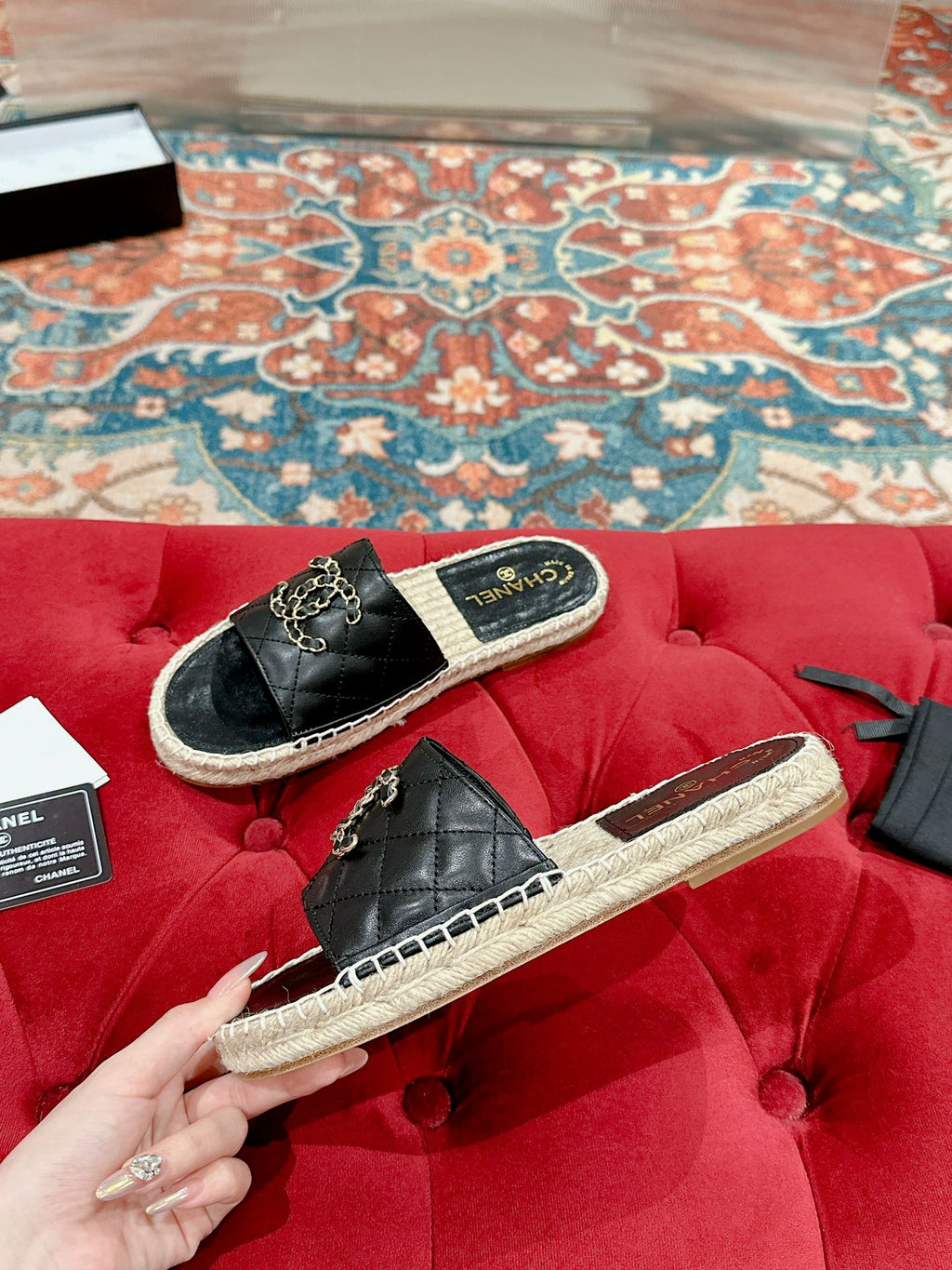 Chanel Flat Slippers in Black Lambskin and Woven with Logo