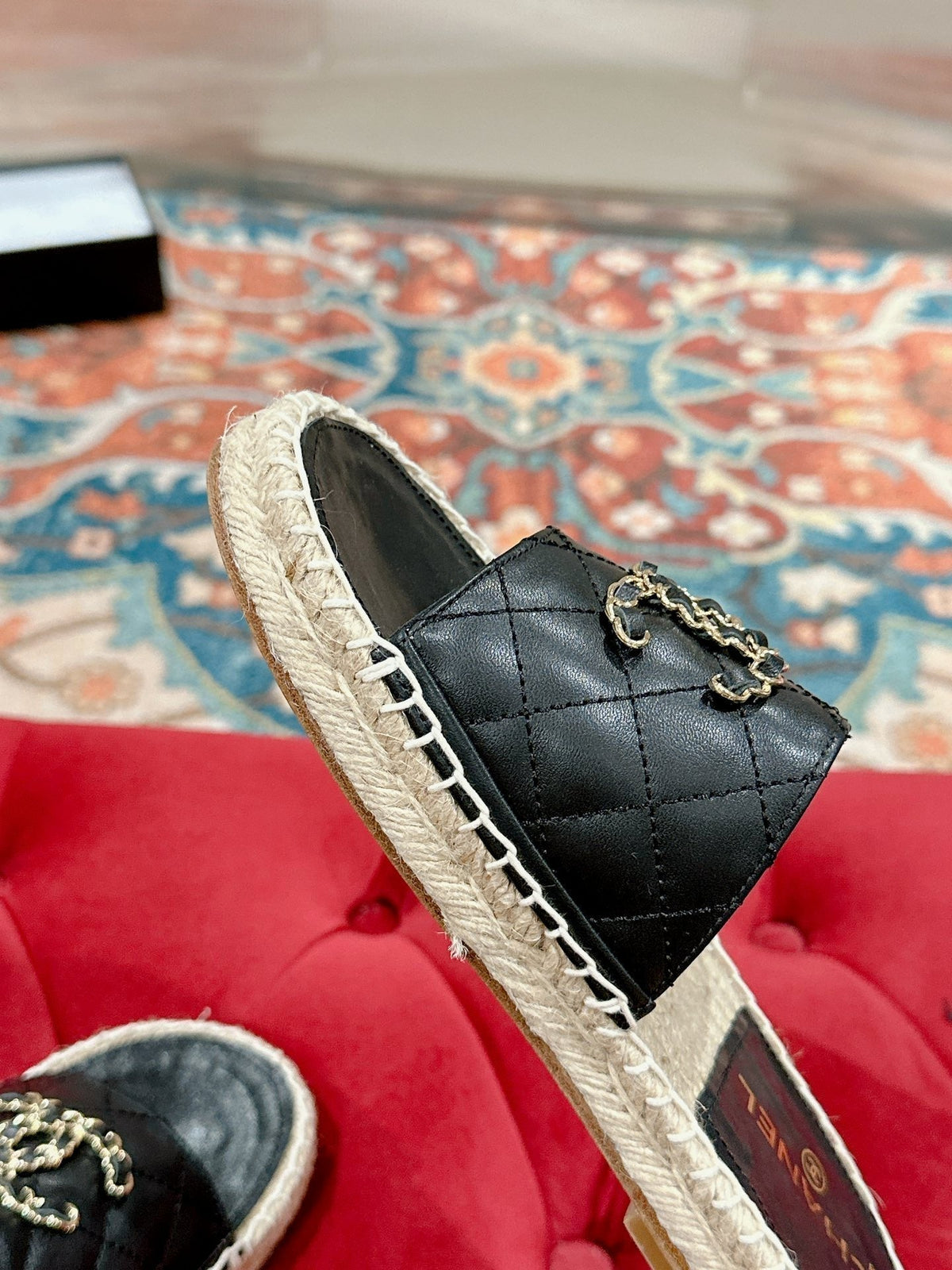 Chanel Flat Slippers in Black Lambskin and Woven with Logo