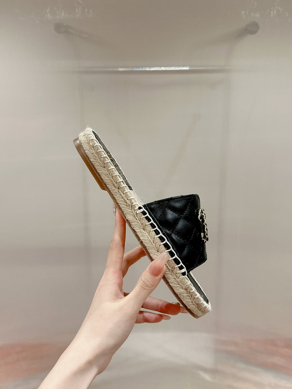 Chanel Flat Slippers in Black Lambskin and Woven with Logo