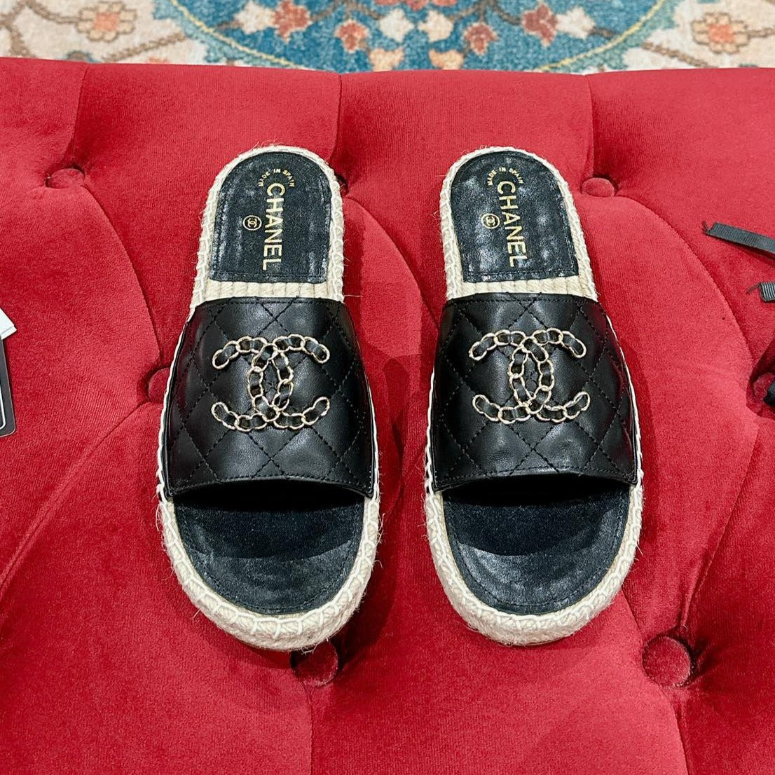Chanel Flat Slippers in Black Lambskin and Woven with Logo