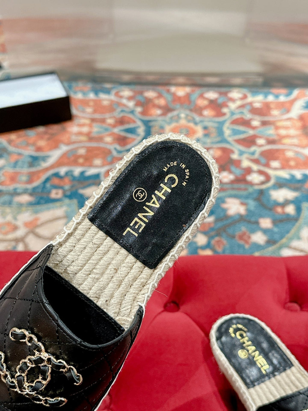Chanel Flat Slippers in Black Lambskin and Woven with Logo
