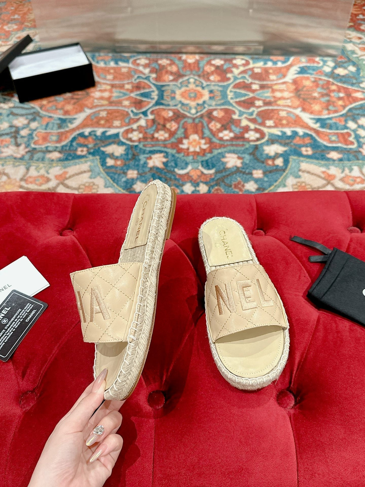 Chanel Flat Slippers in Beige Lambskin Mix Woven