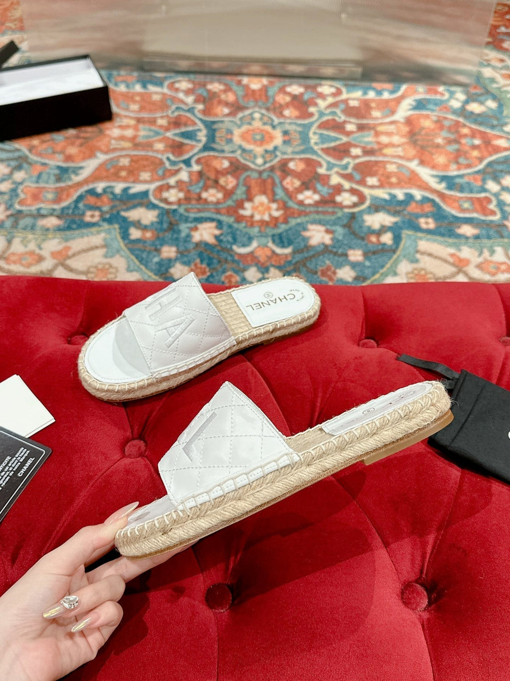 Chanel Flat Slippers in White Lambskin Mix Beige Woven
