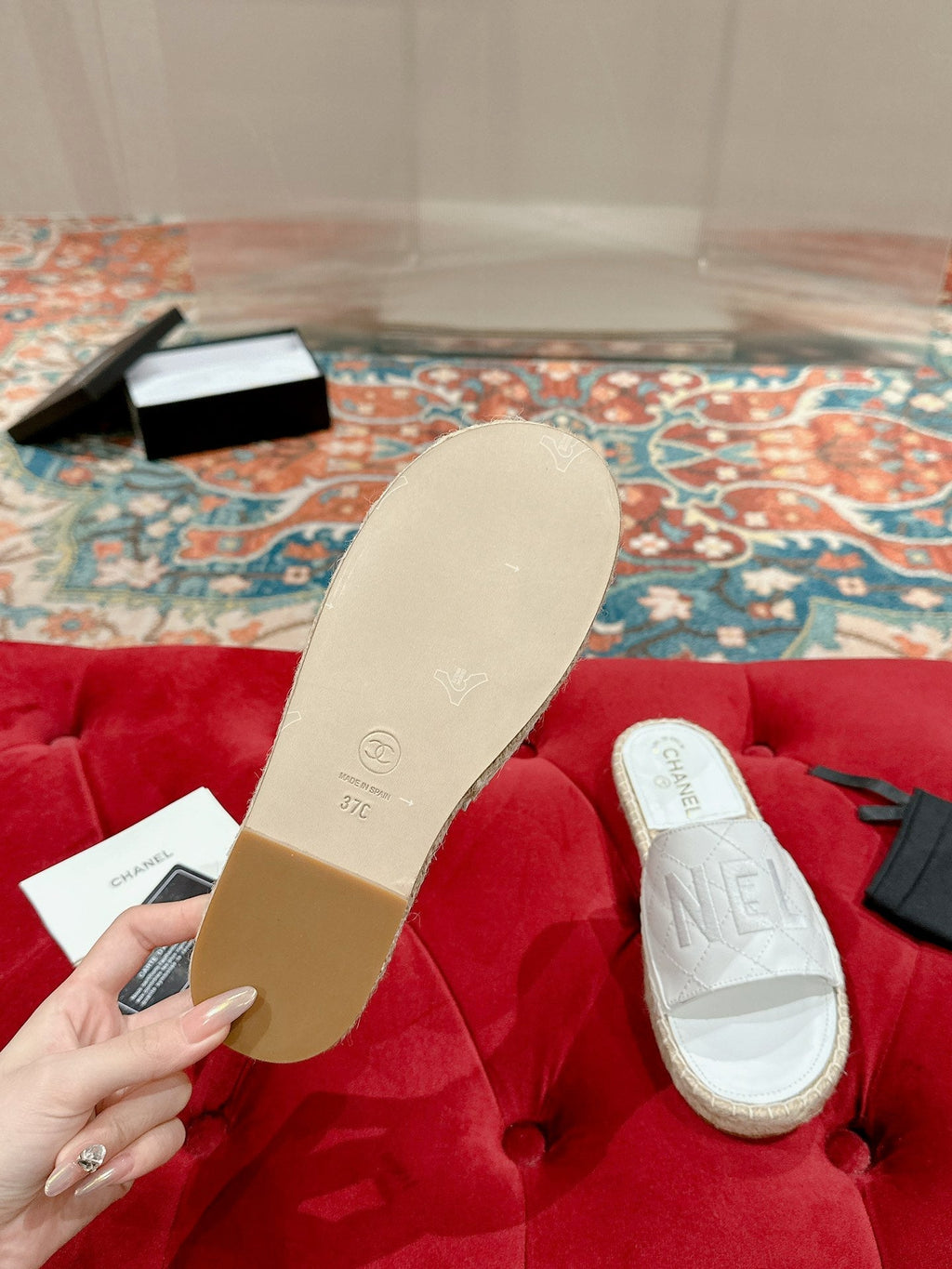 Chanel Flat Slippers in White Lambskin Mix Beige Woven