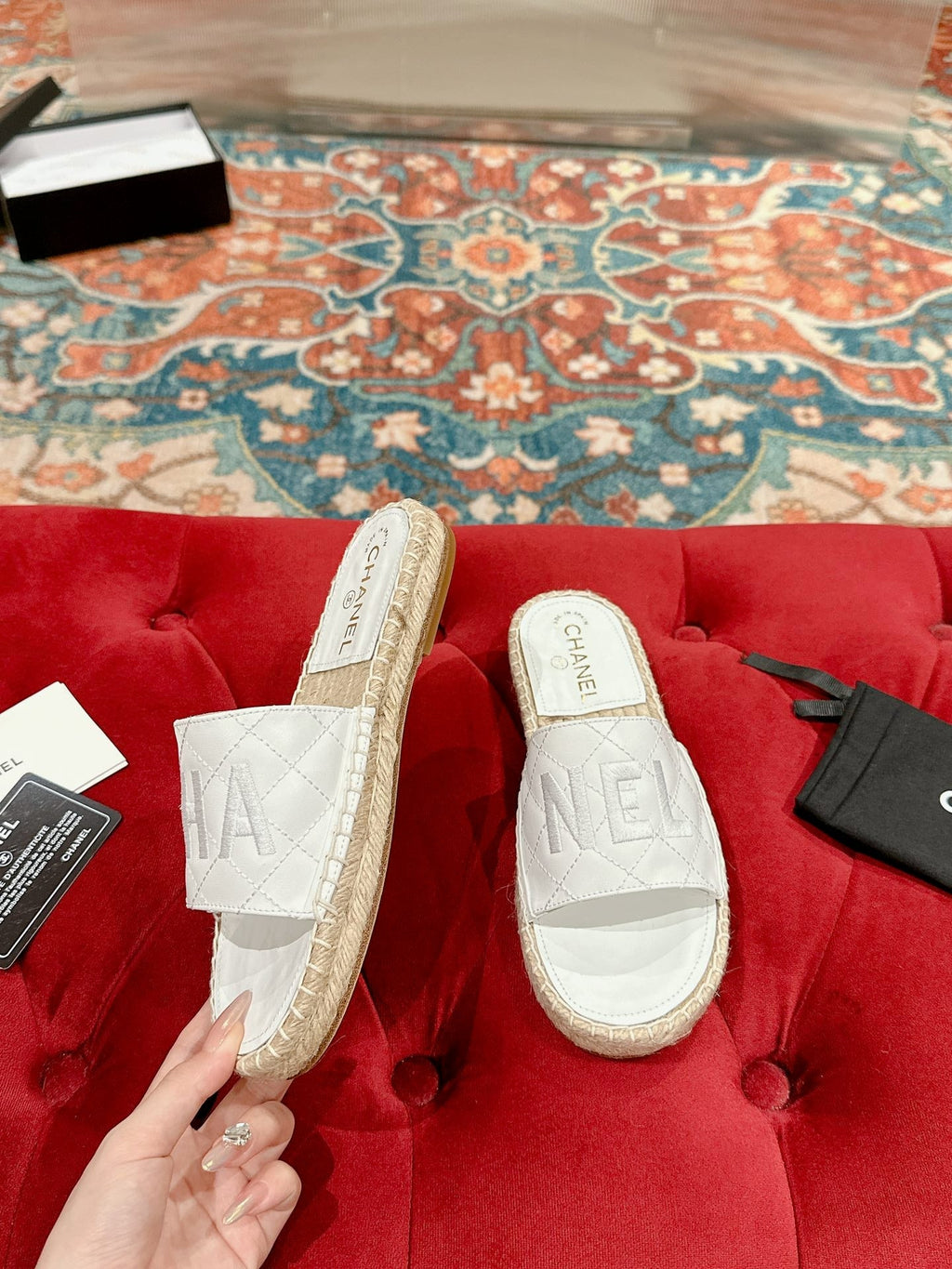 Chanel Flat Slippers in White Lambskin Mix Beige Woven