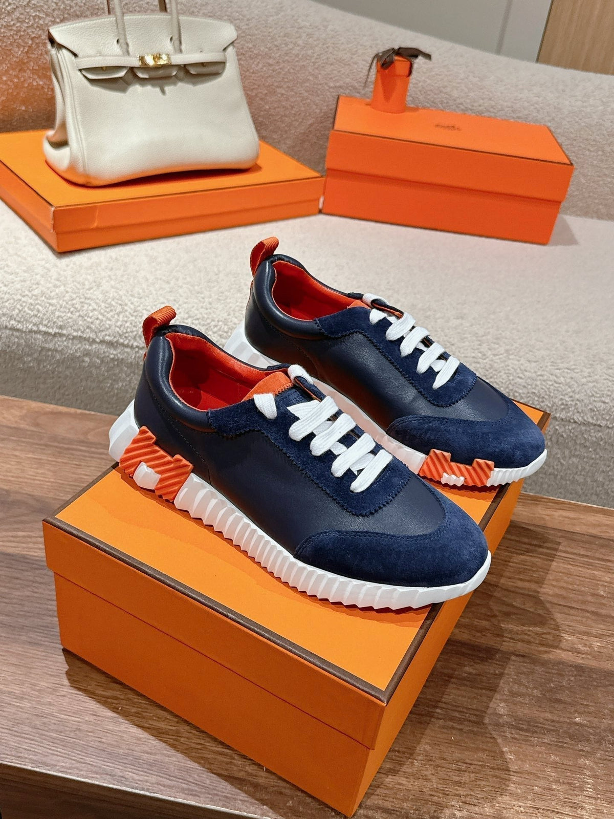 Hermes Mainland Sneaker in Navy Blue Suede and Calfskin 959294