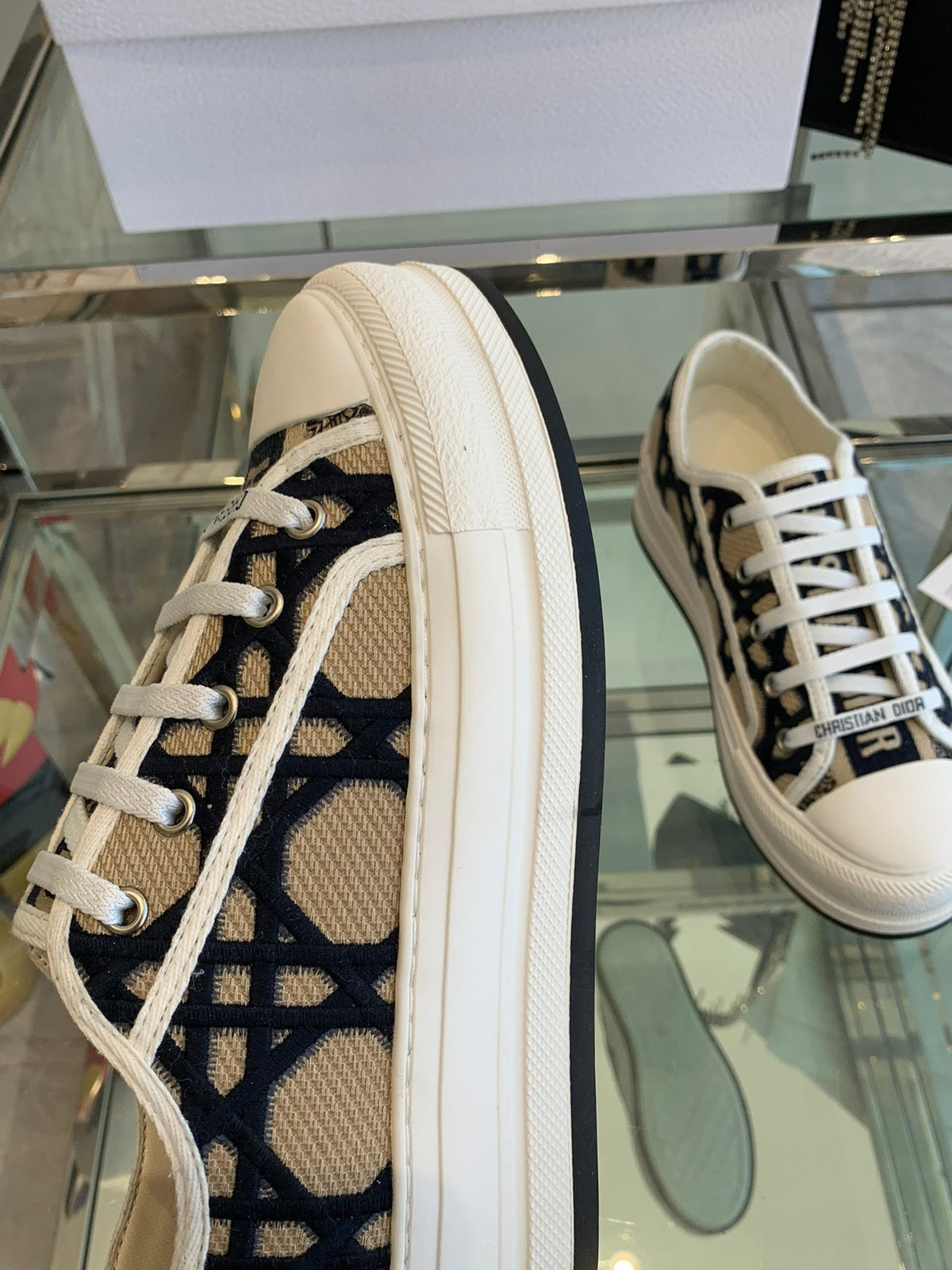 Dior Walk'N Platform Sneaker in Camel Beige Mix Black Embroidered Fabric