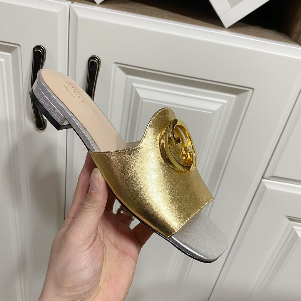 Gucci 26S Blondie Slippers in Gold and Silver Calfskin