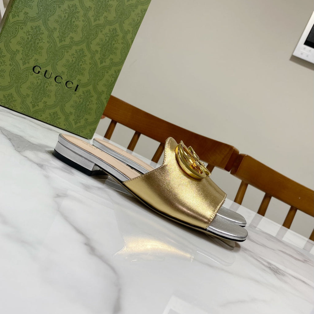 Gucci 26S Blondie Slippers in Gold and Silver Calfskin