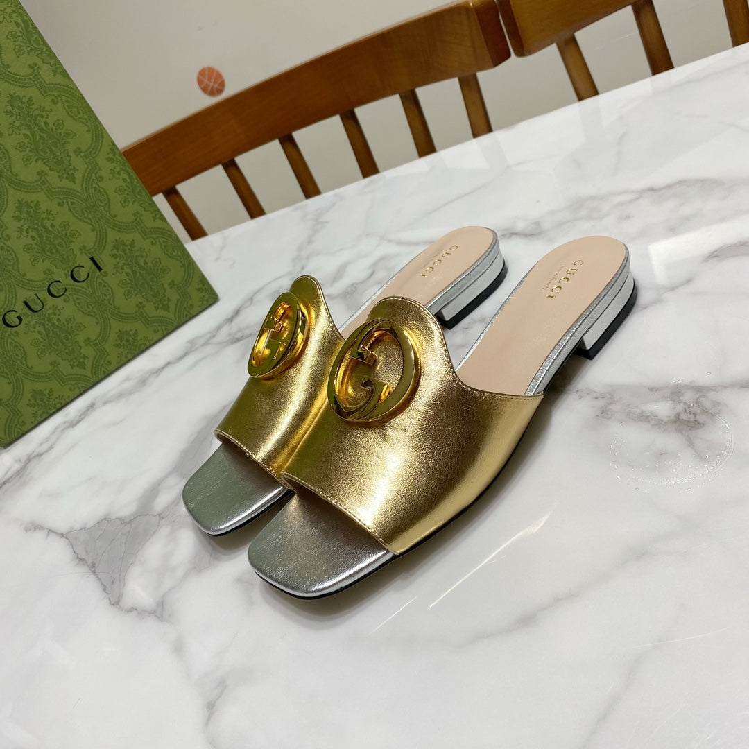 Gucci 26S Blondie Slippers in Gold and Silver Calfskin