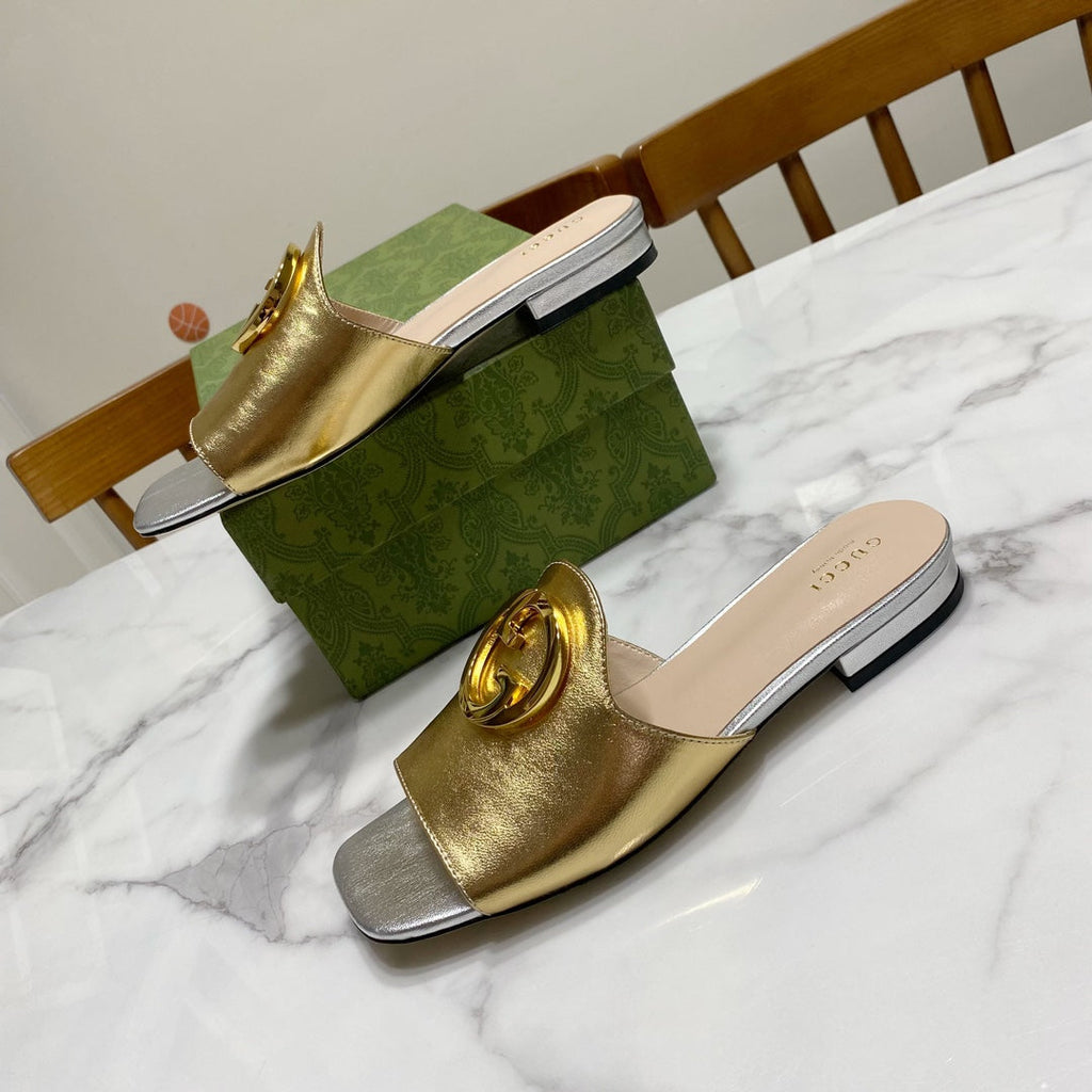 Gucci 26S Blondie Slippers in Gold and Silver Calfskin