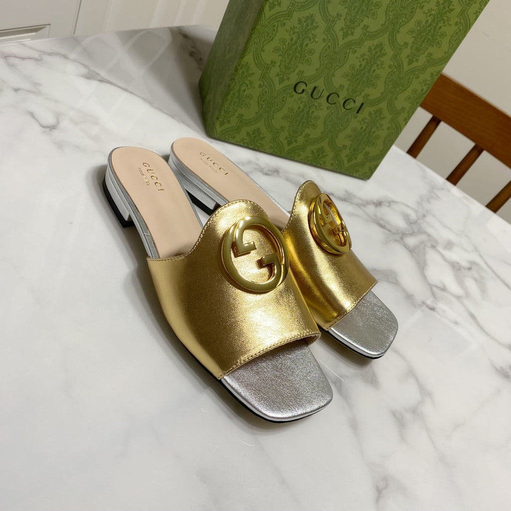 Gucci 26S Blondie Slippers in Gold and Silver Calfskin