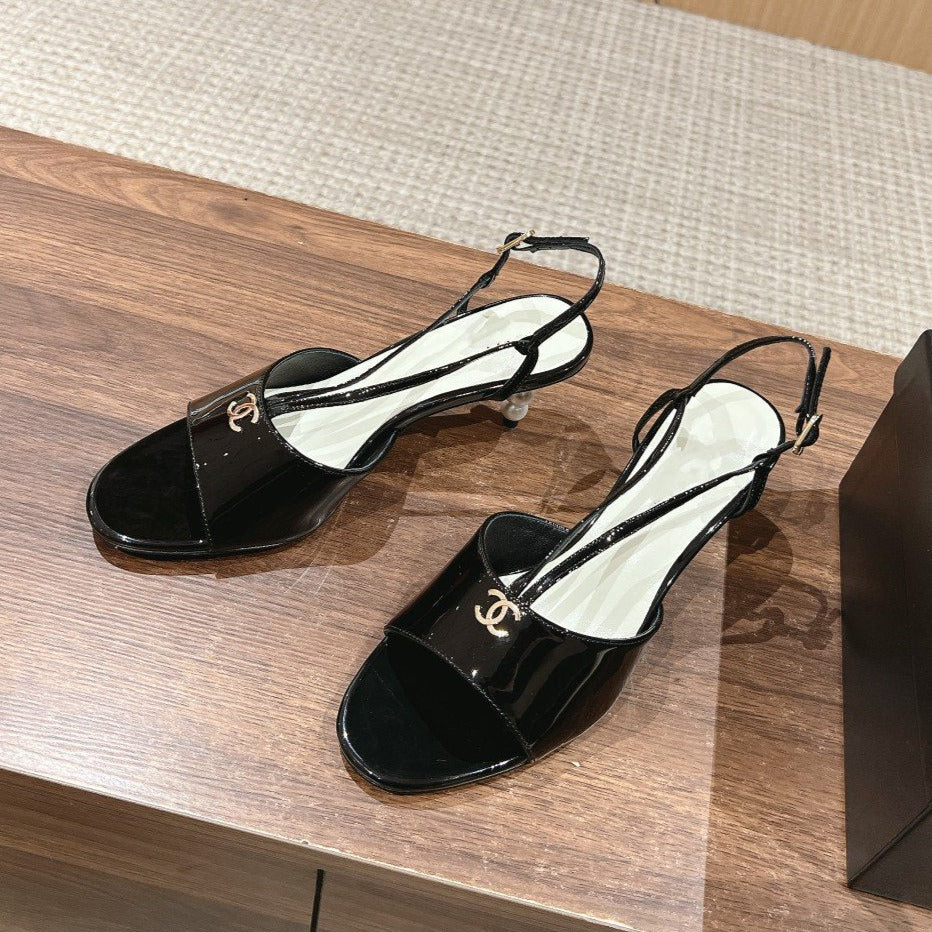 Chanel High Heel 70 Sandals Black White Patent Calfskin