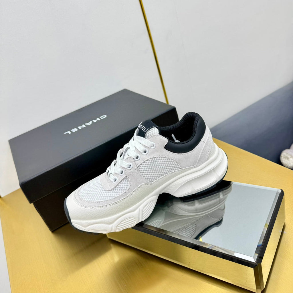 Chanel Sneaker in Pale Gray Suede with Black Logo and Mesh