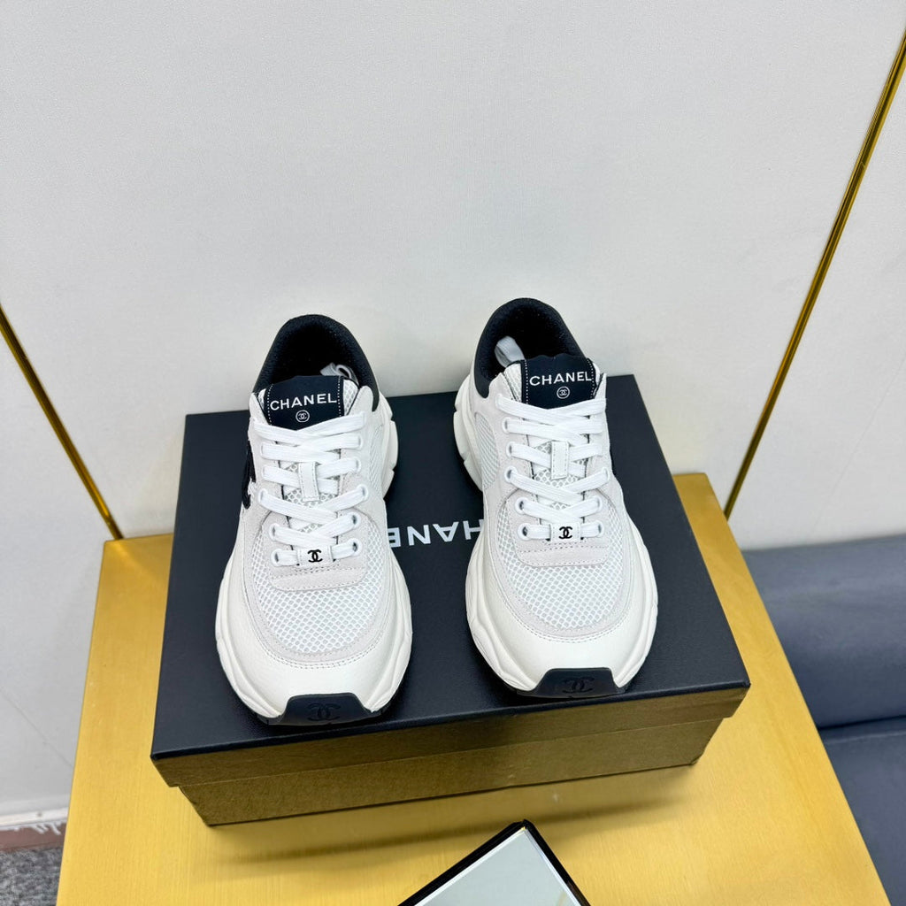 Chanel Sneaker in Pale Gray Suede with Black Logo and Mesh