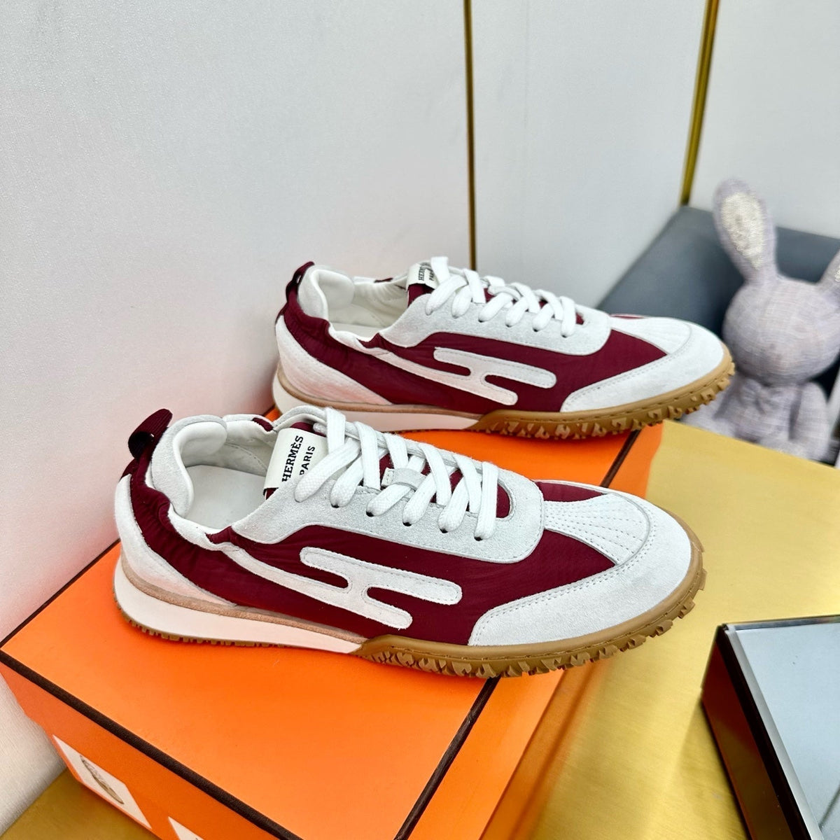 Hermes Jet Sneaker in White Mix Sangria Red Suede