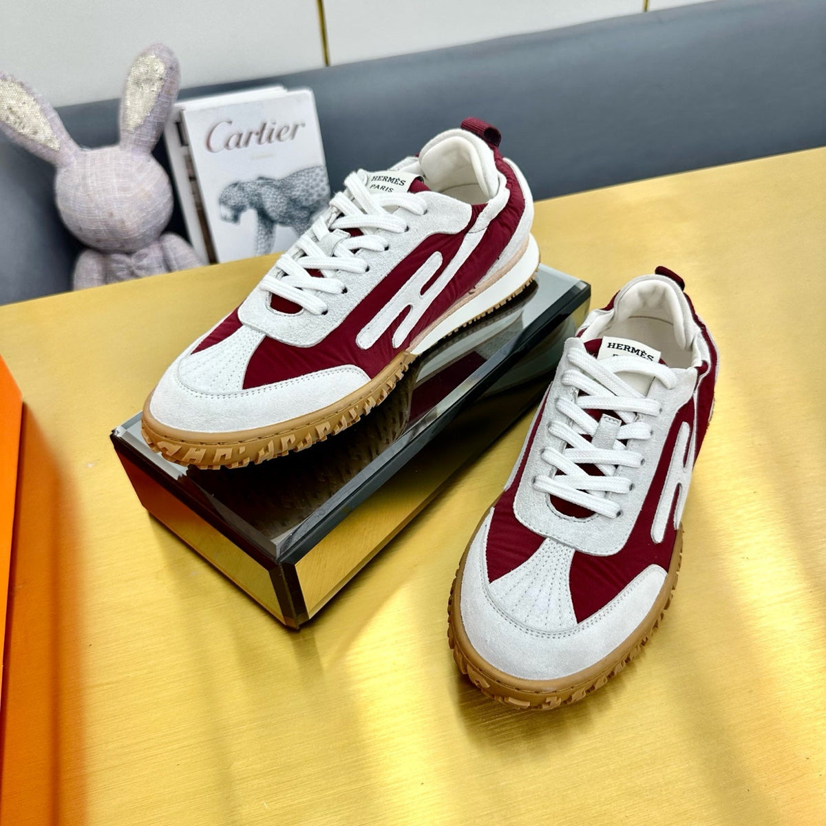 Hermes Jet Sneaker in White Mix Sangria Red Suede