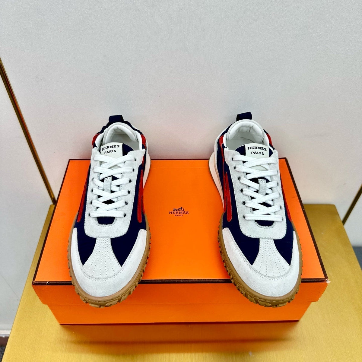 Hermes Jet Sneaker in White Mix Navy Blue Suede