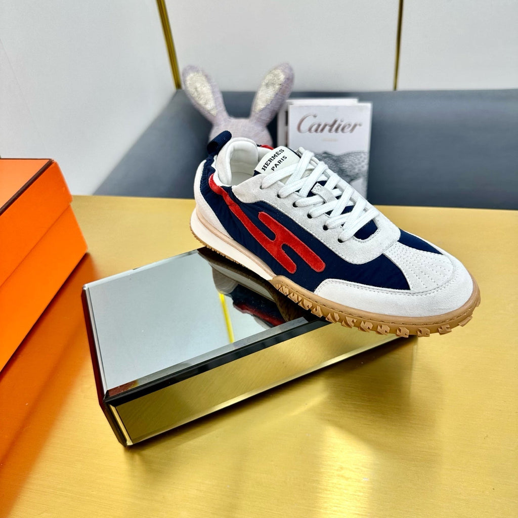 Hermes Jet Sneaker in White Mix Navy Blue Suede