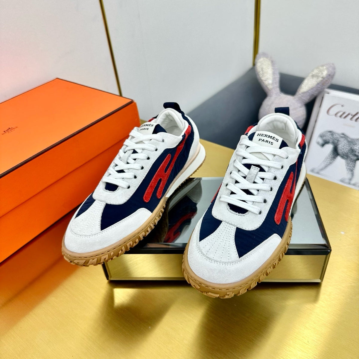 Hermes Jet Sneaker in White Mix Navy Blue Suede