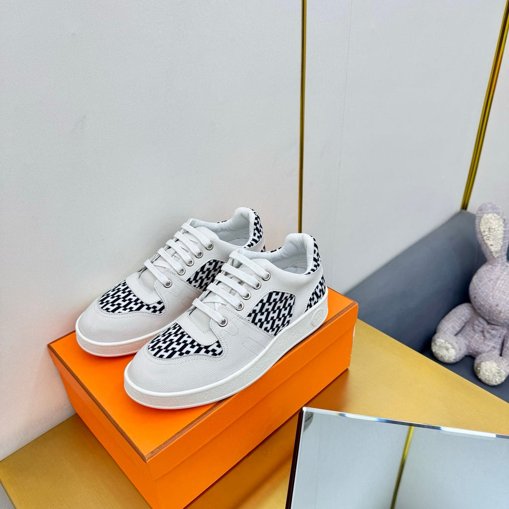 Hermes Free Sneaker in White Calfskin and "H En Biais" Black Canvas