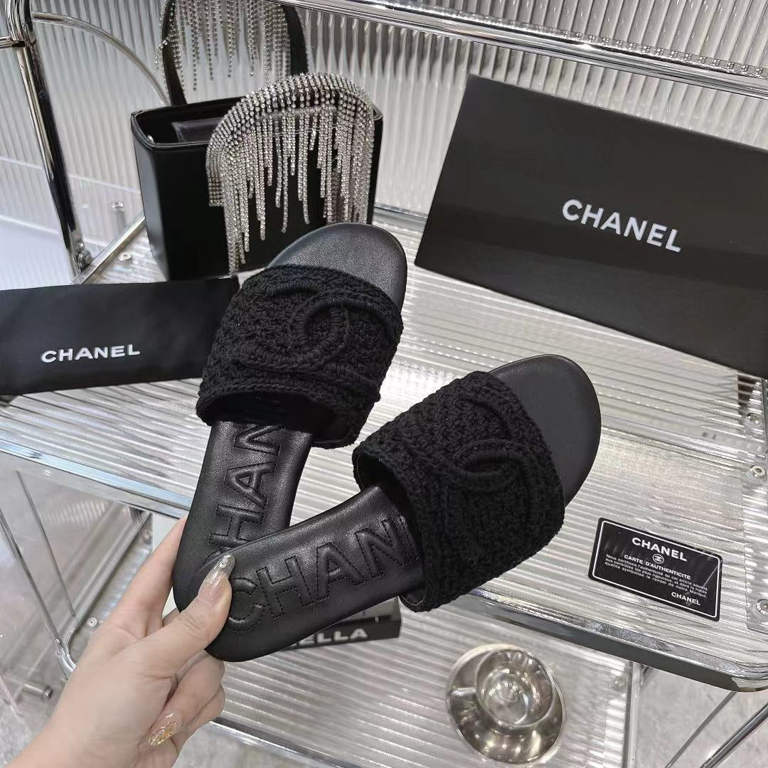 Chanel Slippers Black Sheepskin