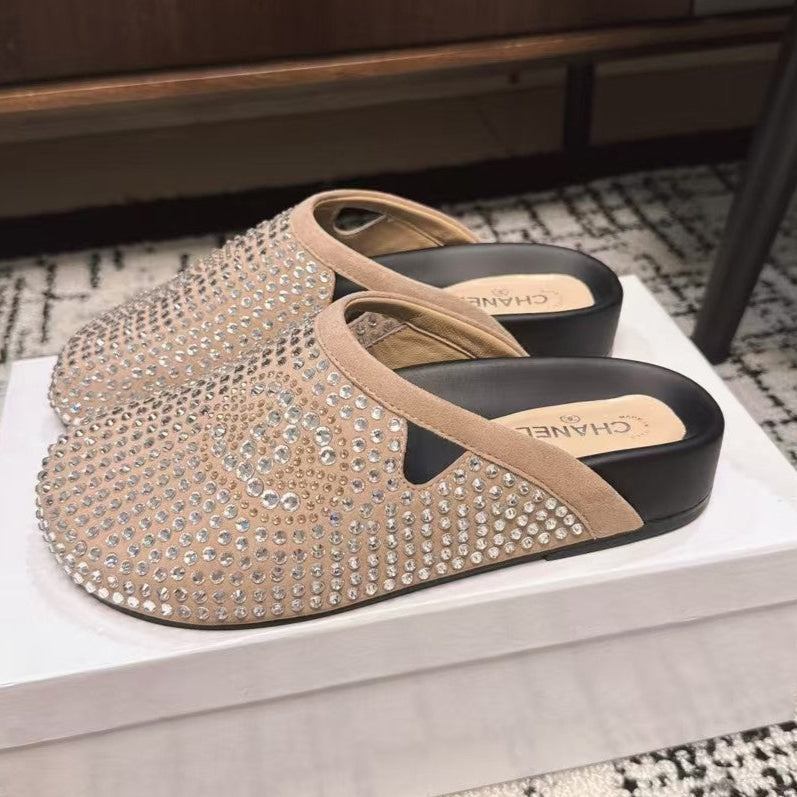 Chanel Flat Mule in Light Brown Suede with Crystals