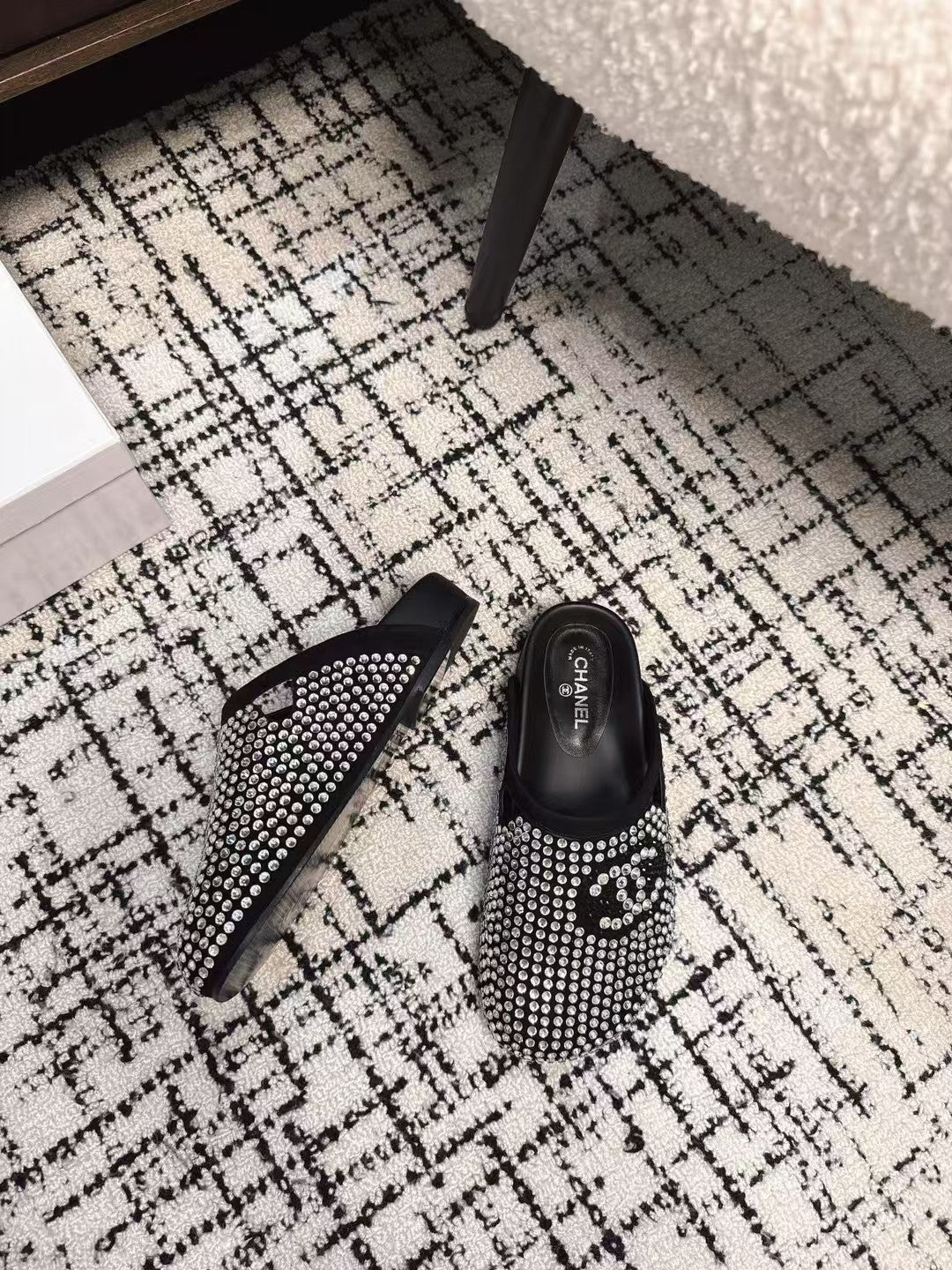 Chanel Flat Mule in Black Suede with Crystals