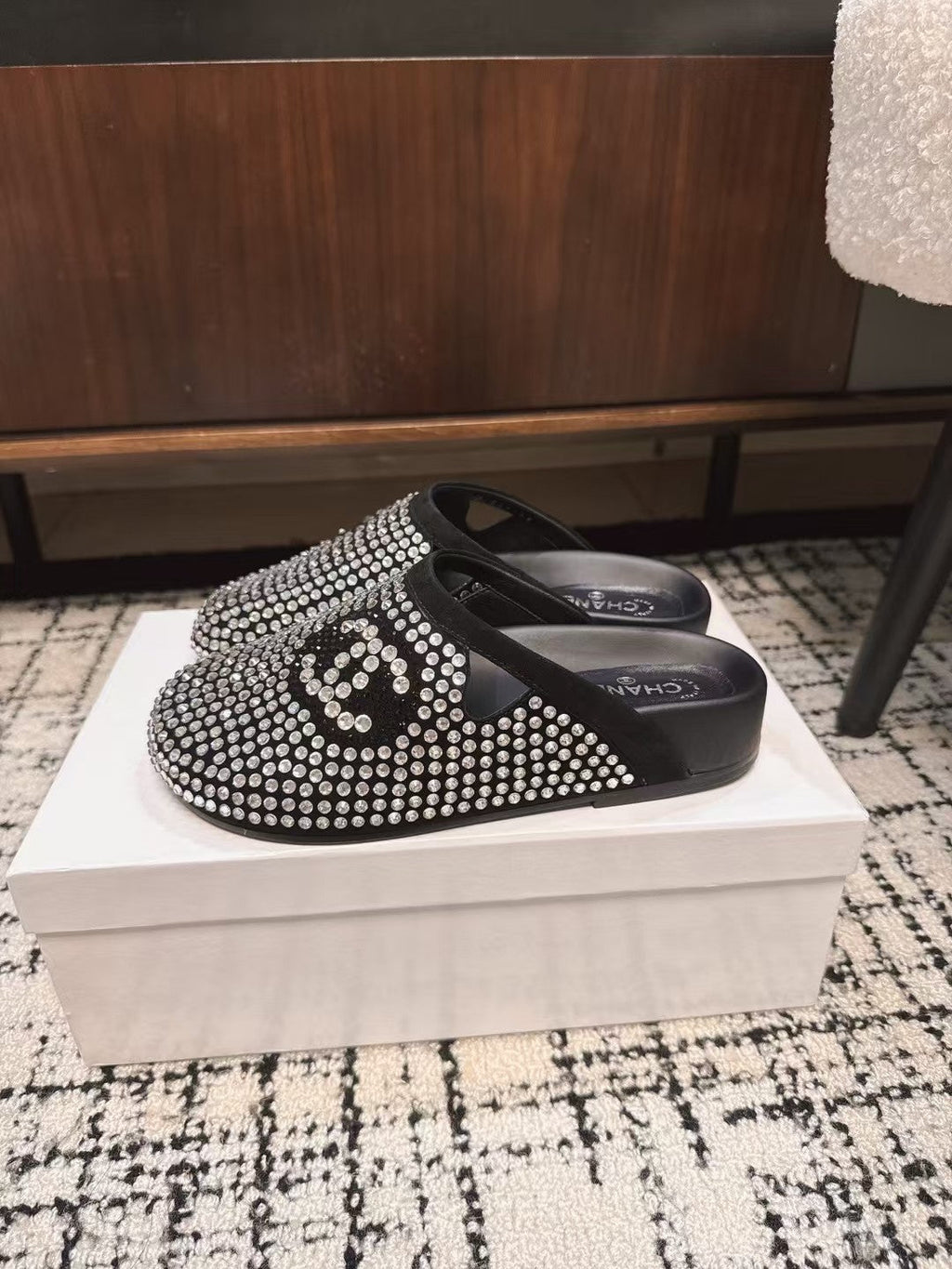 Chanel Flat Mule in Black Suede with Crystals