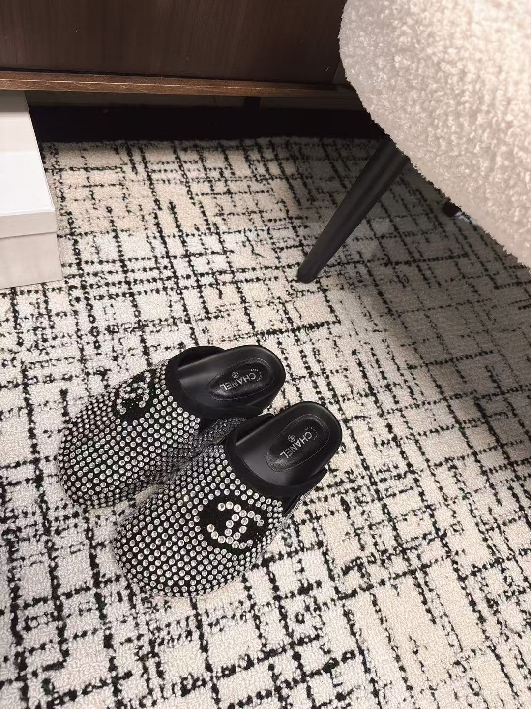 Chanel Flat Mule in Black Suede with Crystals