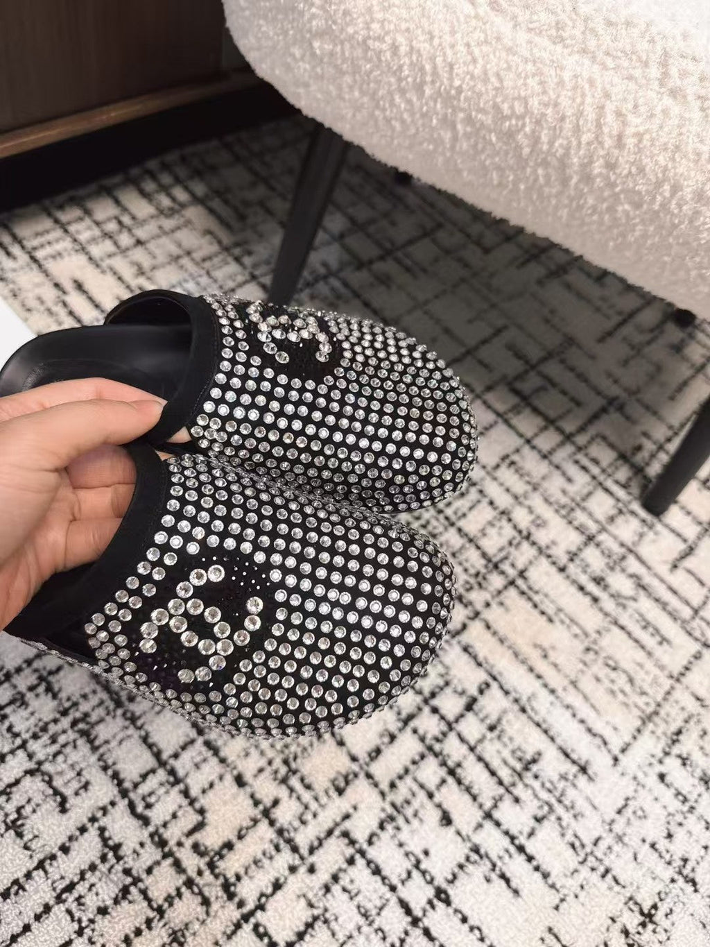 Chanel Flat Mule in Black Suede with Crystals
