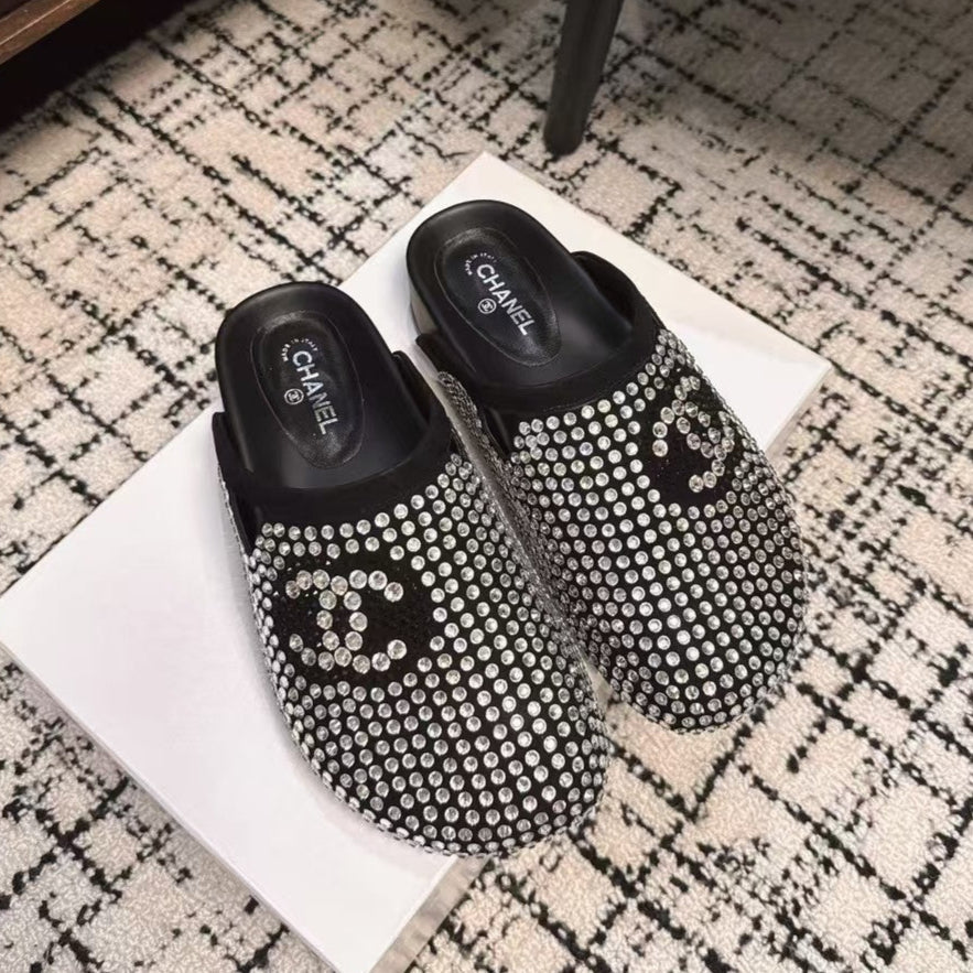 Chanel Flat Mule in Black Suede with Crystals