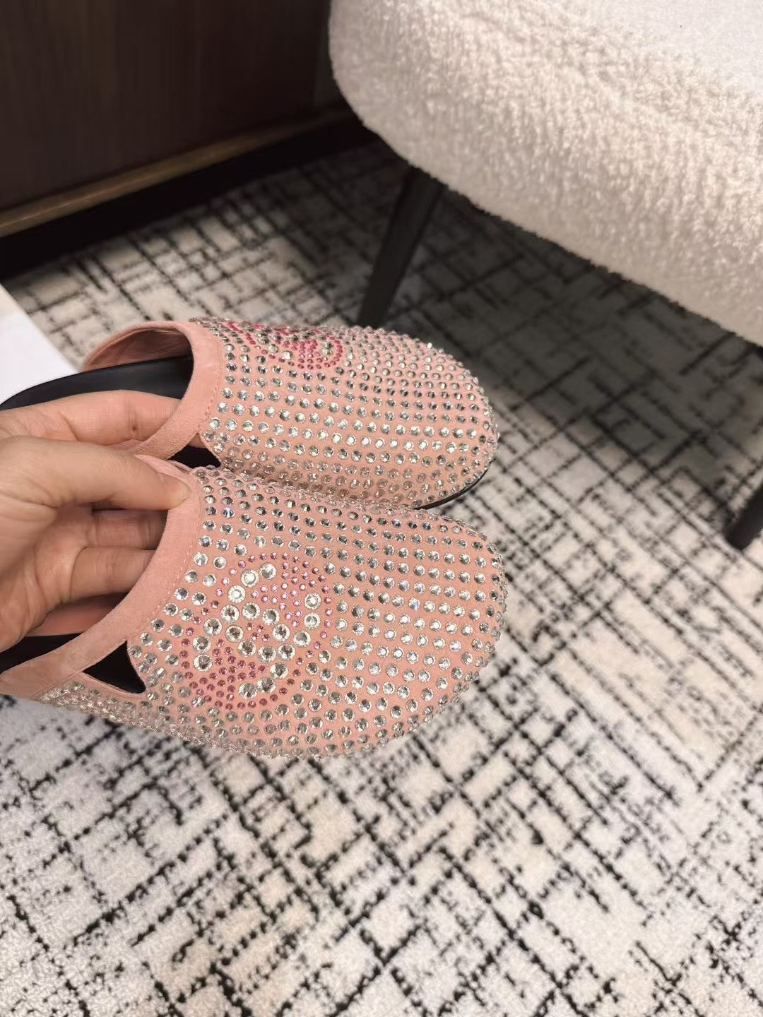 Chanel Flat Mule in Light Pink Suede with Crystals