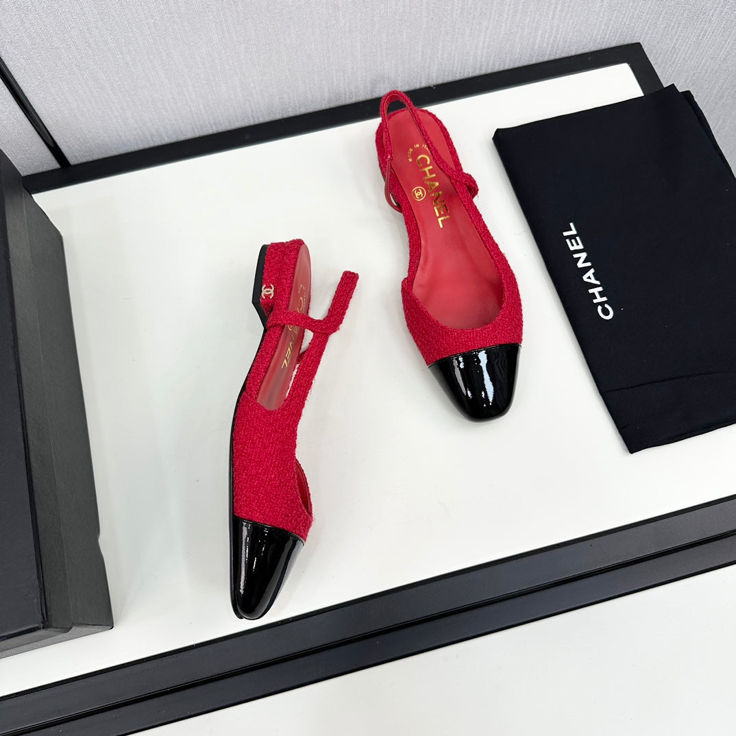 Chanel Slingback Rose Red Tweed and Black Calfskin