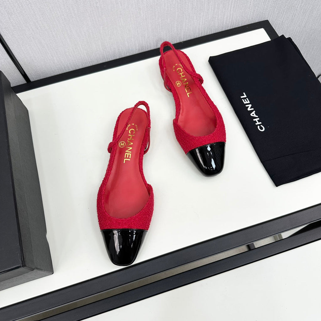 Chanel Slingback Rose Red Tweed and Black Calfskin