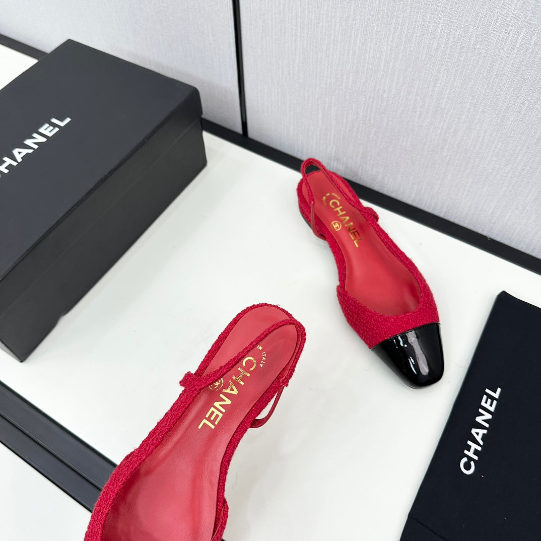 Chanel Slingback Rose Red Tweed and Black Calfskin