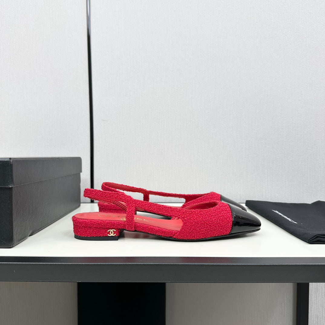Chanel Slingback Rose Red Tweed and Black Calfskin