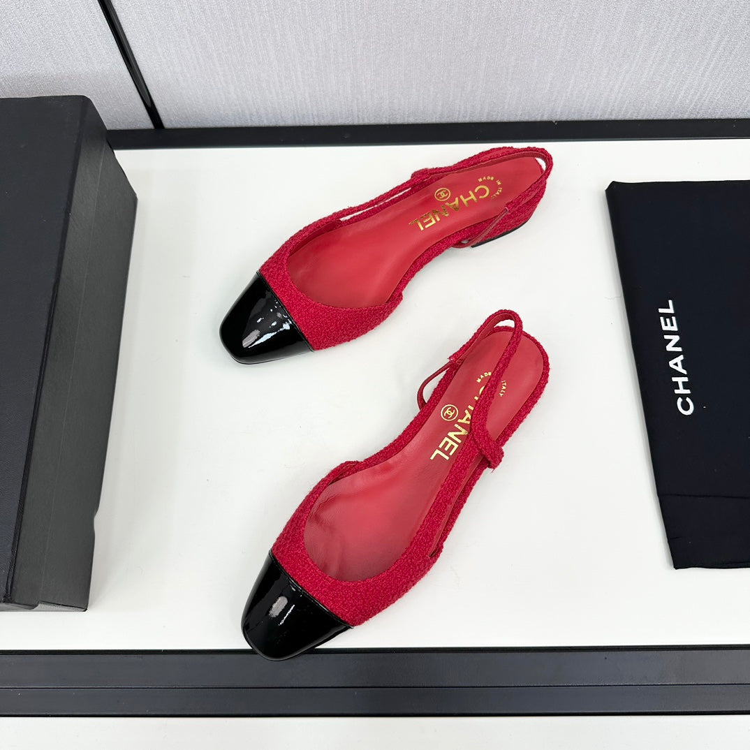 Chanel Slingback Rose Red Tweed and Black Calfskin